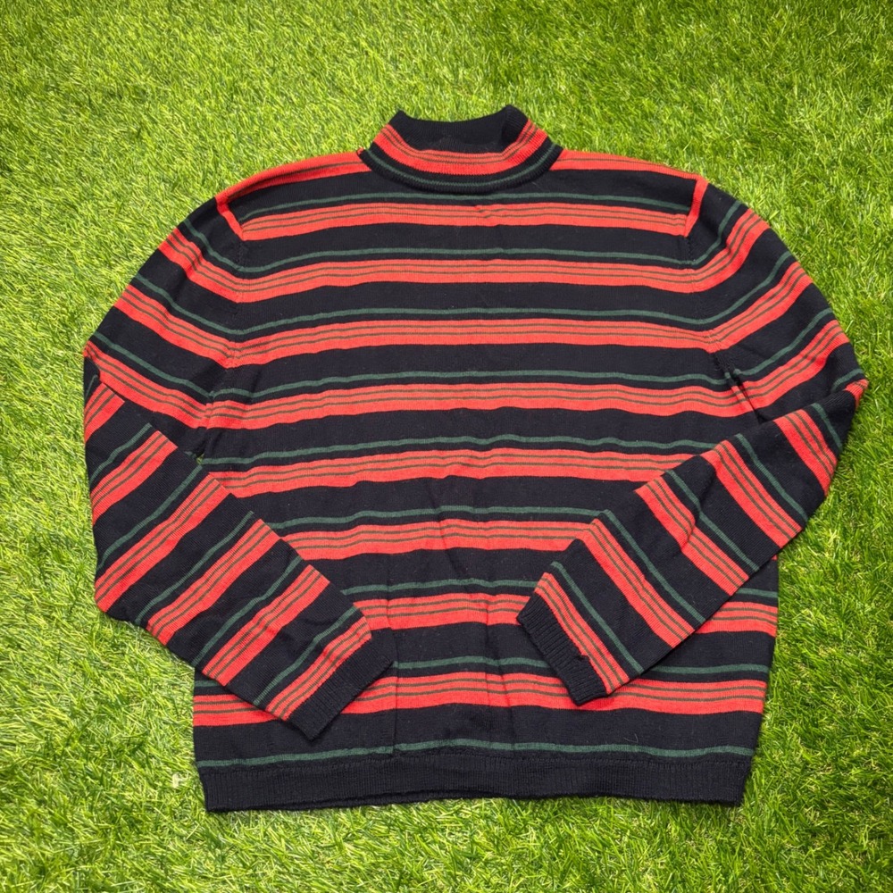 Vintage Pendleton Merino Wool Striped Mock Neck Sweater Navy Red Green Mens M